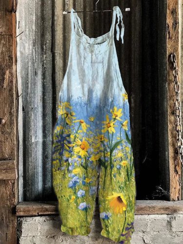 Sunflower Print Sleeveless Casual Jumpsuit