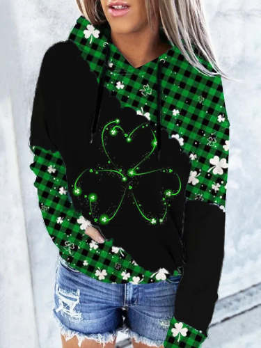St. Patrick's Day Green Plaid Print Long Sleeve Casual Hoodie