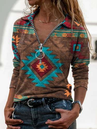 Women's Western Vintage Aztec Ethnic Print V Neck Zipper Long Sleeve T-Shirt
