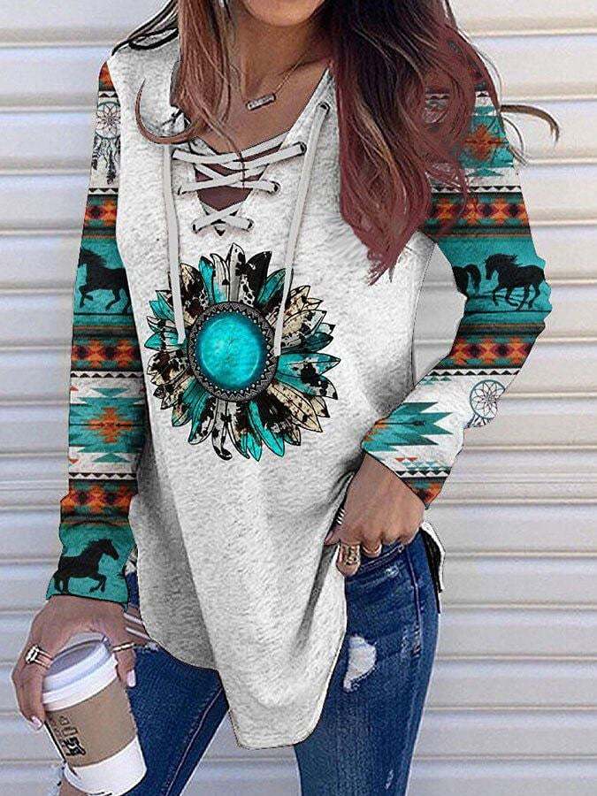 Women's Vintage Western Lace Up Long Sleeve Top