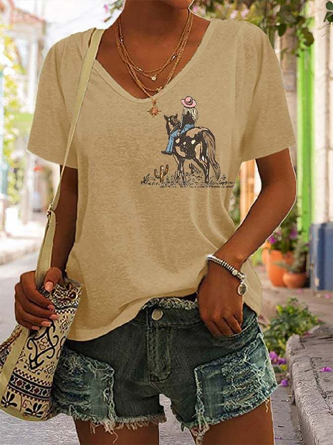 Women's Long Live The Cowgirls Western Print V-Neck Sleeveless T-Shirt