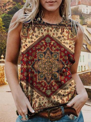 Women's Western Vintage Aztec Ethnic Print Sleeveless T-Shirt