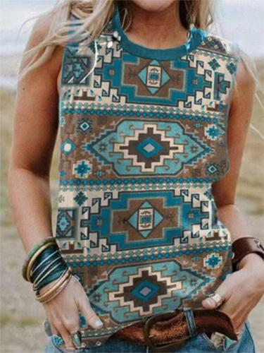 Women's Western Vintage Aztec Ethnic Print Sleeveless T-Shirt