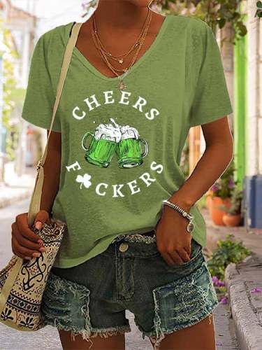 Women's St. Patrick's Day Funny Cheers Fuckers V-Neck Tee