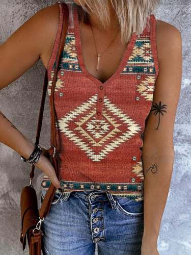 Women's Western Vintage Aztec Ethnic Print V-Neck Vest