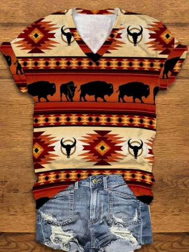 Women's Western Bull Print V-Neck T-Shirt