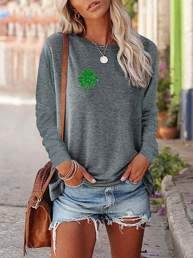 Women's St. Patrick's Day Flag Shamrock Printed Long-Sleeve T-Shirt