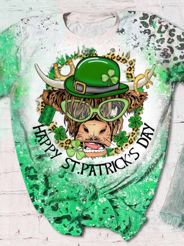 St. Patrick's Day Highland Cow Crew Neck Short Sleeve Top