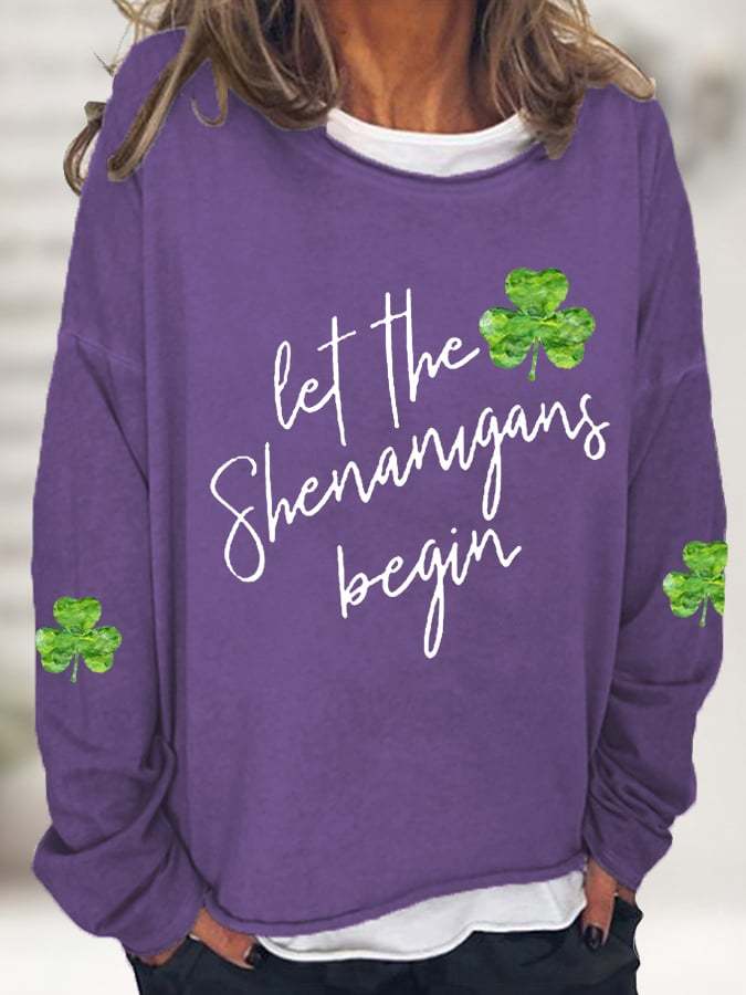 Women's Let The Shenanigans Begin Lucky Shamrock Casual Long-Sleeve T-Shirt