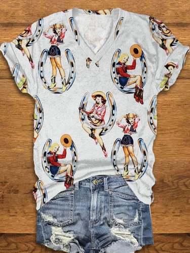 Women's Western Vintage Cowboy Girl Print Short Sleeve V Neck T-Shirt