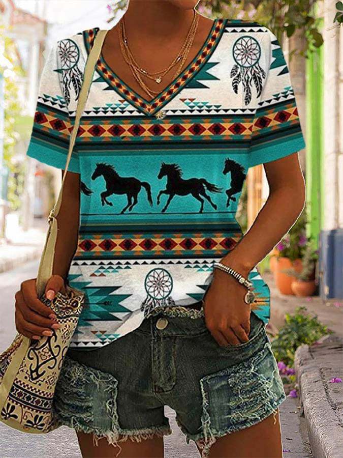 Women's Vintage Western Horse Ethnic V-Neck T-Shirt