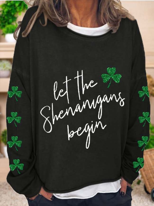 Women's St. Patrick's Day Lucky Glitter Shamrocks Casual Long-Sleeve T-Shirt