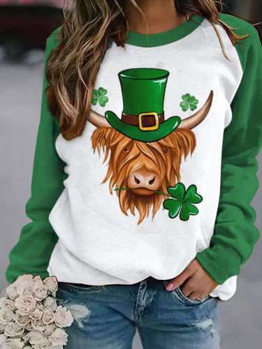 Women's St Patricks Day Highland Cow Round Neck Long Sleeve Sweatshirt
