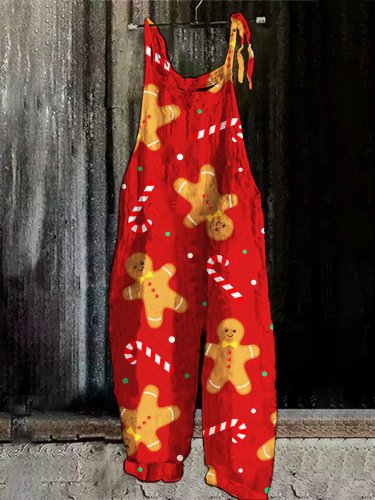 Christmas red biscuit graphic print retro casual jumpsuit