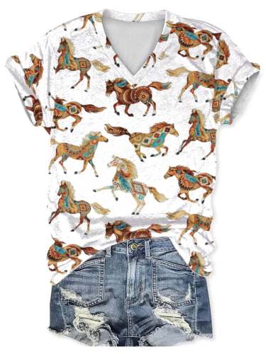 V-neck Retro Western Horse Print T-Shirt