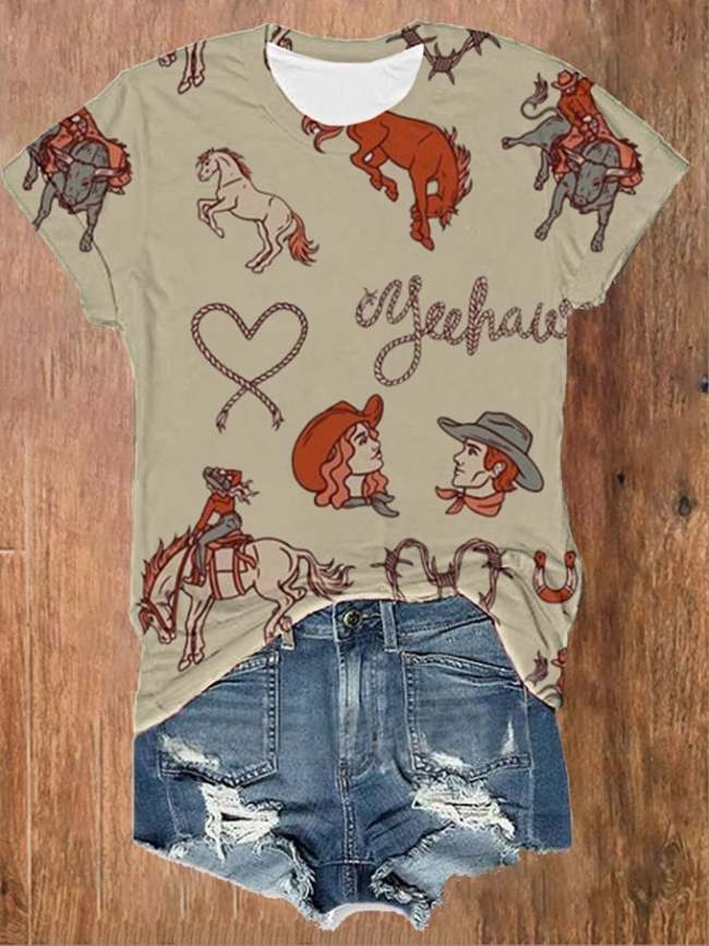 Women's Western Cowgirls Cowboy Yeehaw Print T-Shirt