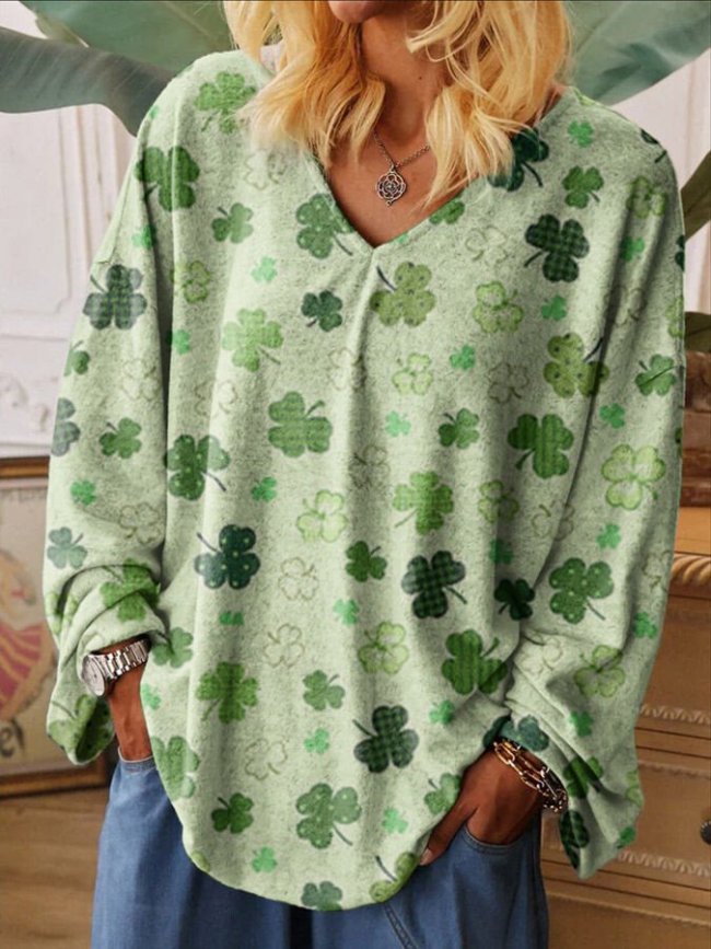 Women's Green Trefoil Print Loose V-Neck Short Sleeve T-Shirt
