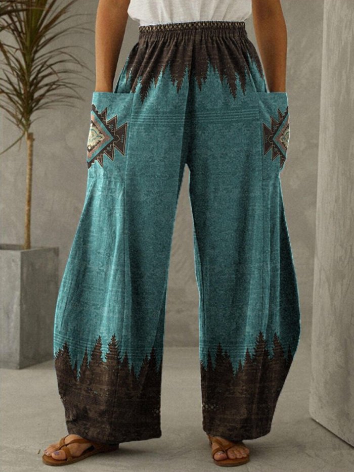 Women's Western Style Geometric Print large Pocket Wide-leg Pants