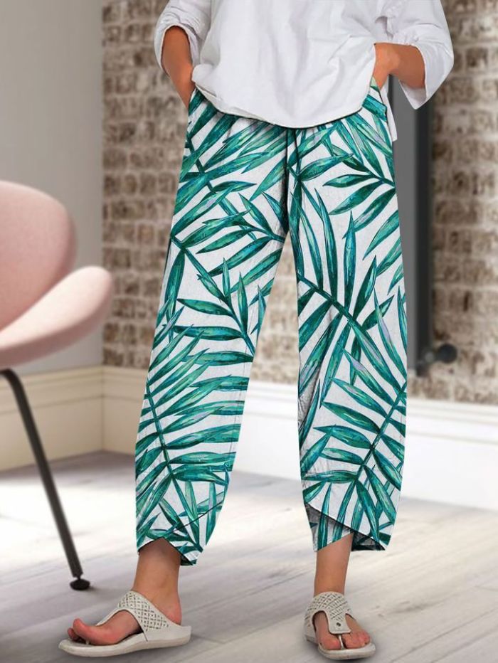 Wide leg pants loose casual cotton linen printed pocket elastic waist Capri women's pants