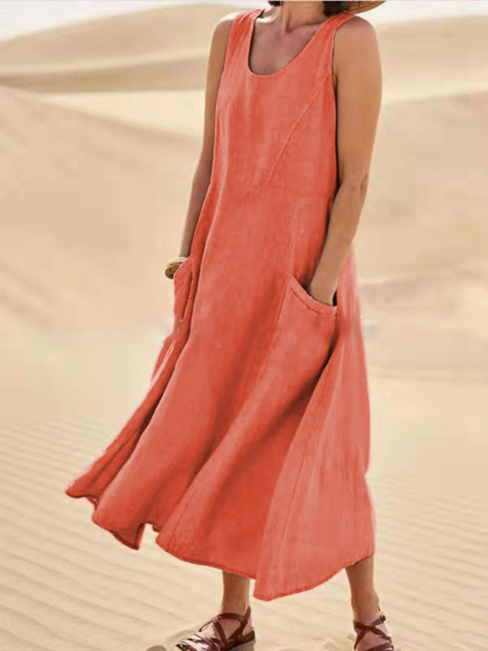 Women's New Summer Solid Color Sleeveless Cotton Linen Midi Dress