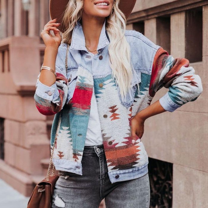 Ethnic Geometric Stitching Denim Coat