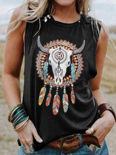 Western Feather Print Loose Tank Top