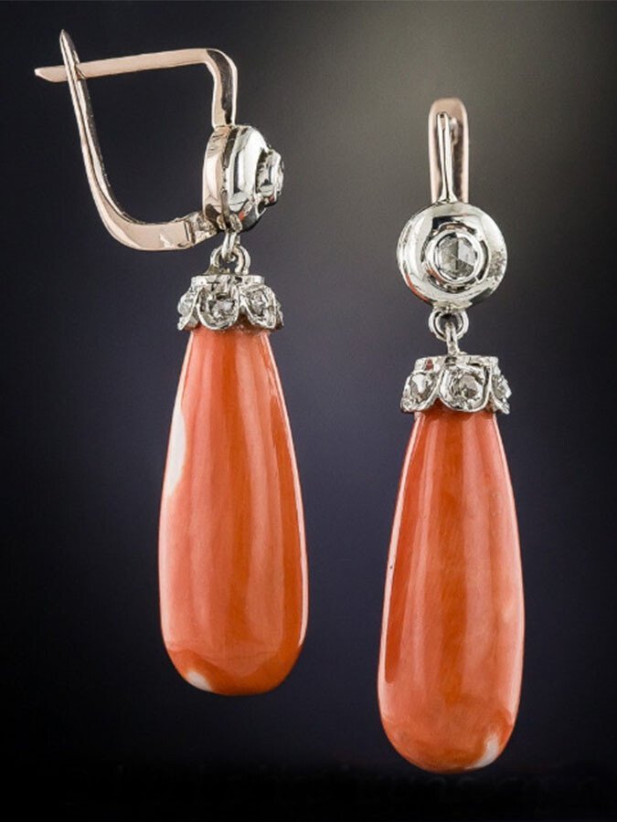 Vintage Coral Drop Earrings With Diamonds