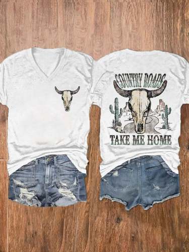 Women's Western Country Music Country Roads Take Me Home Print V Neck T-Shirt