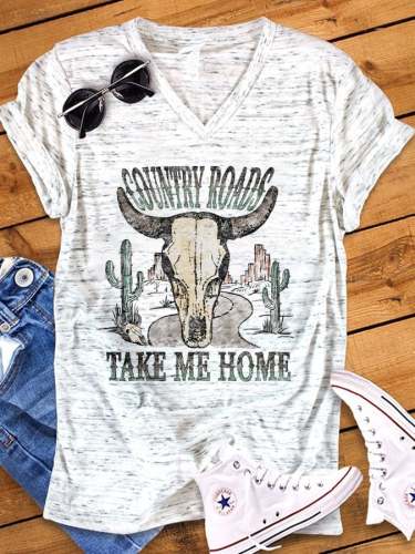Hippie Western Vintage Bull Skull Cactus Country Roads Take Me Home Print T-Shirt
