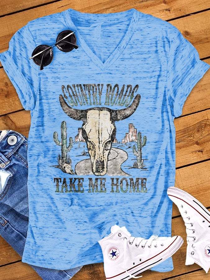 Hippie Western Vintage Bull Skull Cactus Country Roads Take Me Home Print T-Shirt