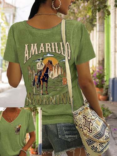 Women's Western Country Music Amarillo By Morning Cowboy Print V-Neck T-Shirt