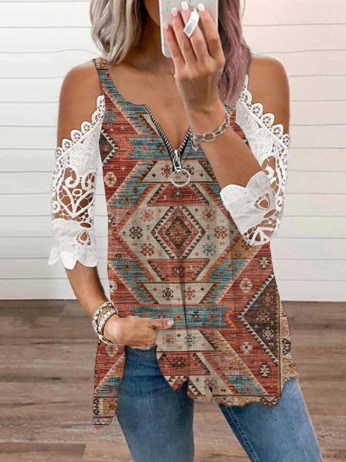 Western Ethnic Print Lace Patchwork Short Sleeve Tops