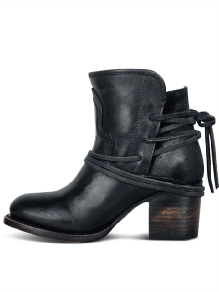 Laced Washed Leather Patchwork Ankle Boots