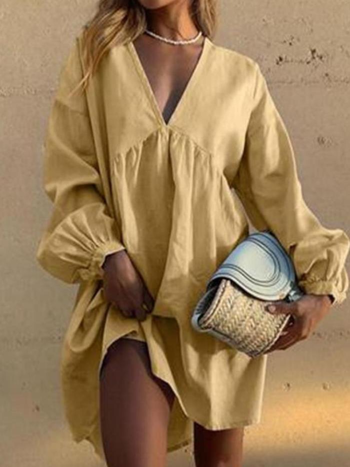 V-Neck Cotton Linen Long Sleeve Mini Dress