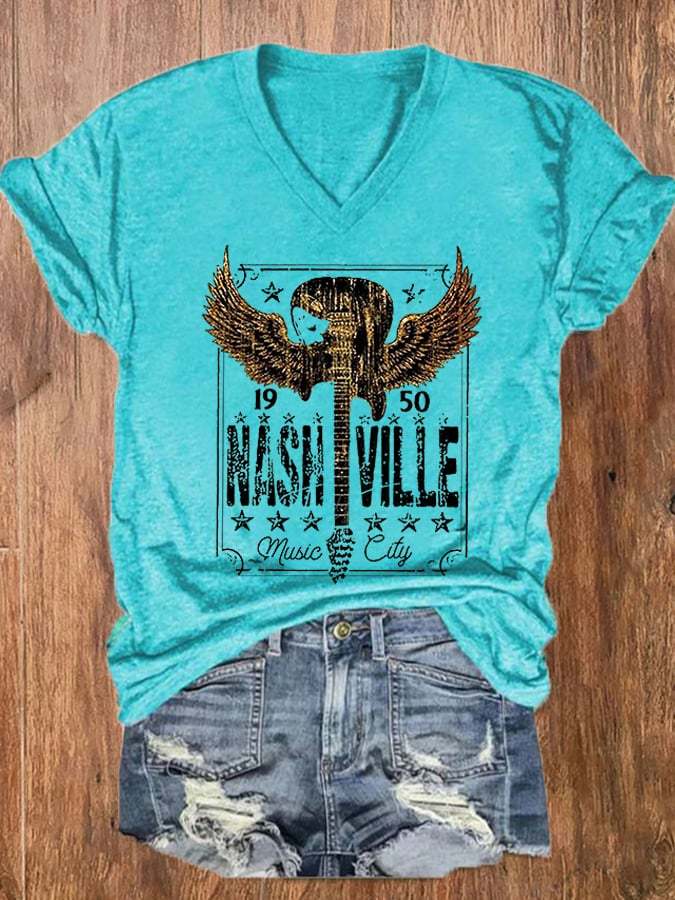 Women's Country Music Nashville Music City Guitar Print V-Neck Tee