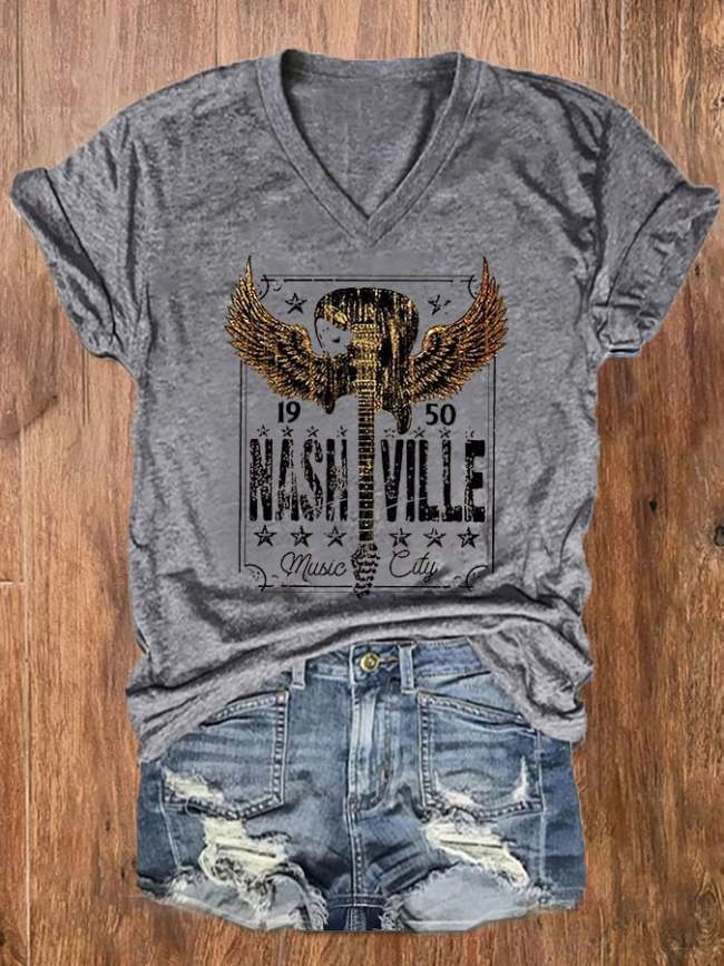 Women's Country Music Nashville Music City Guitar Print V-Neck Tee
