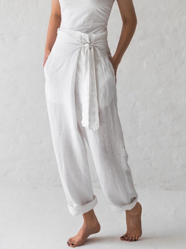 White Cotton Linen Lace Up Casual Pants