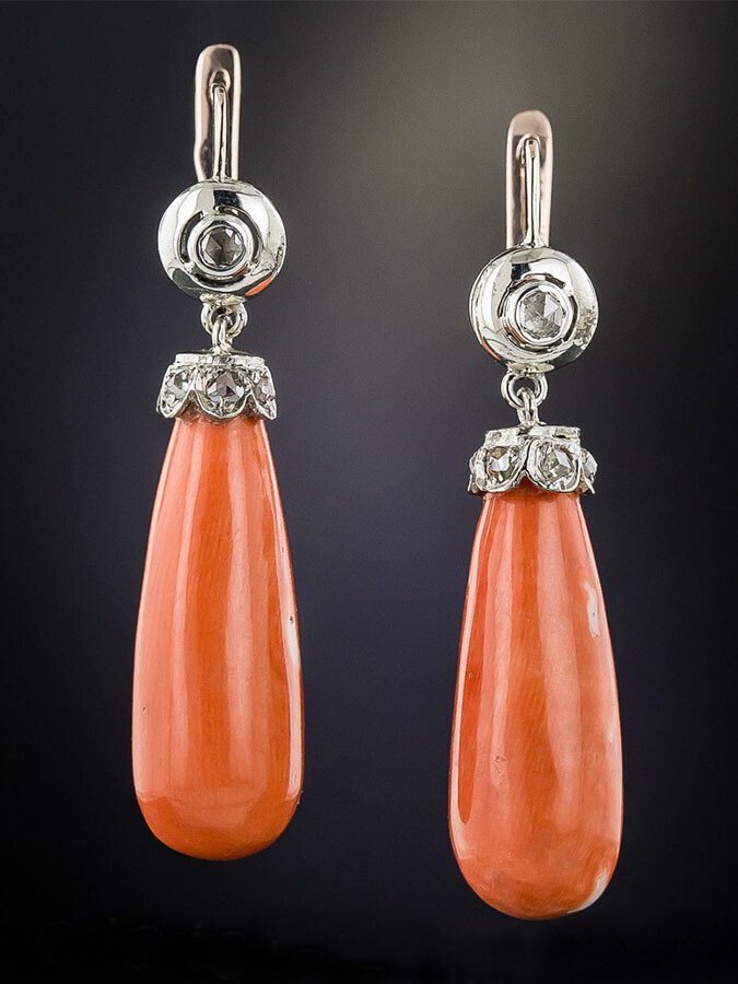 Vintage Coral Drop Earrings With Diamonds
