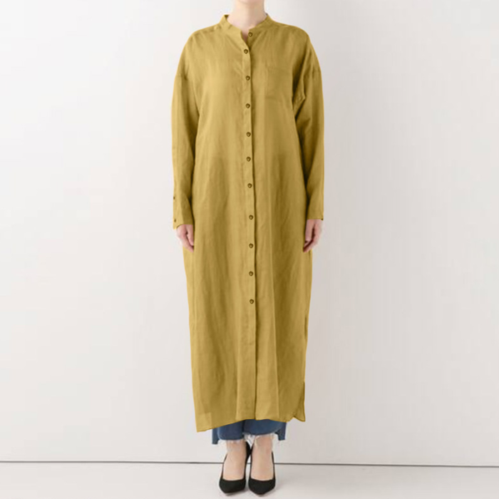 Autumn Retro Solid Color Ladies Long Sleeve Cotton Linen Women's Robe Shirt Dress