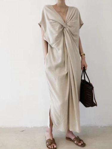 Knot Reversible V-Neck Cotton And Linen Short Sleeve Maxi Dress