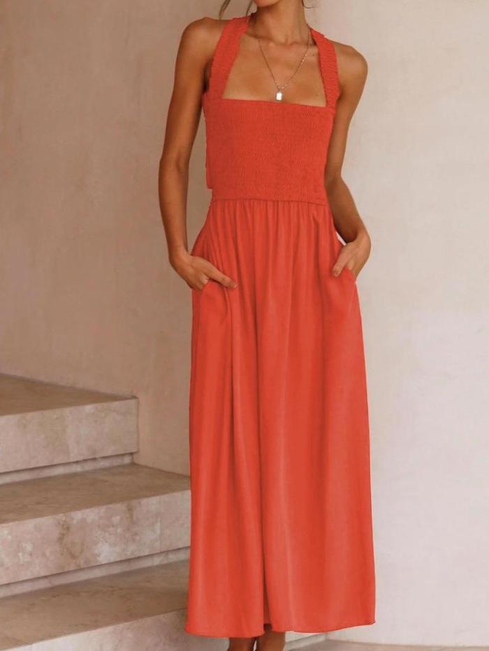 Solid Color Cotton And Linen Halter Dress