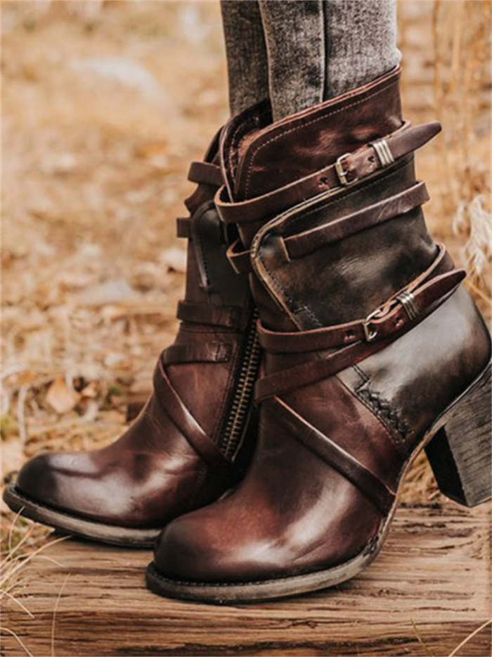Vintage Washed Buckles Mid Heel Boots