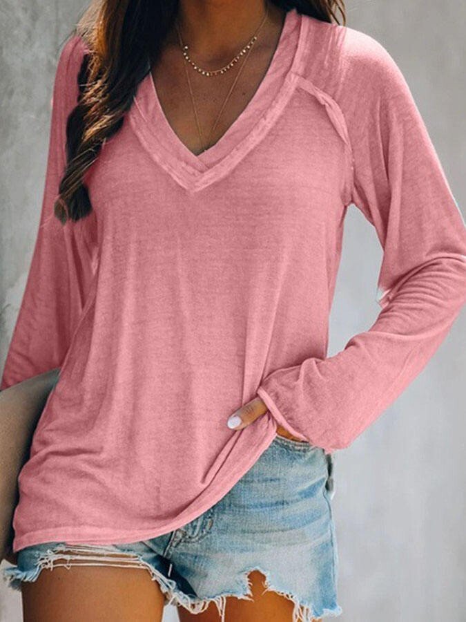 Solid Color Casual V-Neck T-Shirt
