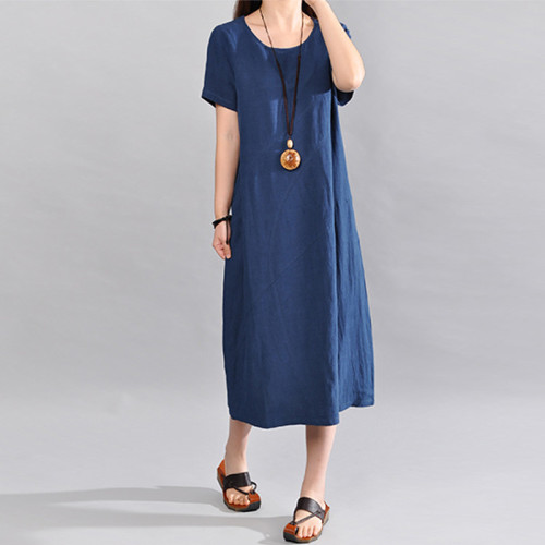 Women's New Literary Loose Splicing Solid Color Cotton Linen Short-sleeved Dress