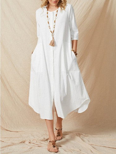 Round Neck 7 Minutes Sleeve Single-Breasted Solid Color Cotton Linen Dress​