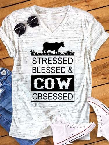 Retro Stressed Blessed And Cow Obsessed T-Shirt