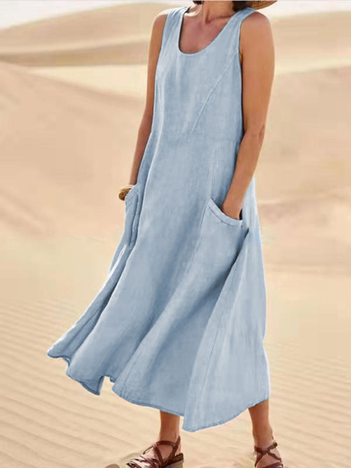 Women's New Summer Solid Color Sleeveless Cotton Linen Midi Dress