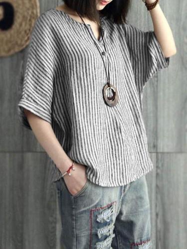 Women's Striped Cotton And Linen Casual Top T-Shirt