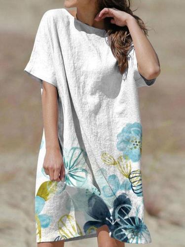 Cotton&Linen Round Neck Casual Loose Floral Print Resort Short Sleeve Dress