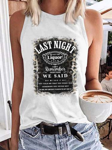 Women's Wallen Last Night We Let The Liquor Talk Print Casual Tank Top